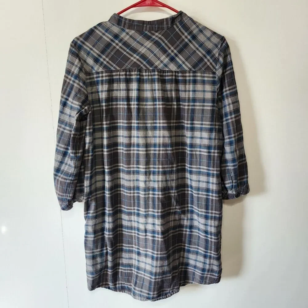 Mango MNG Plaid Tunic Shirt Dress Blue Gray Check 3/4 Sleeve Cotton Size Med - Picture 6 of 11